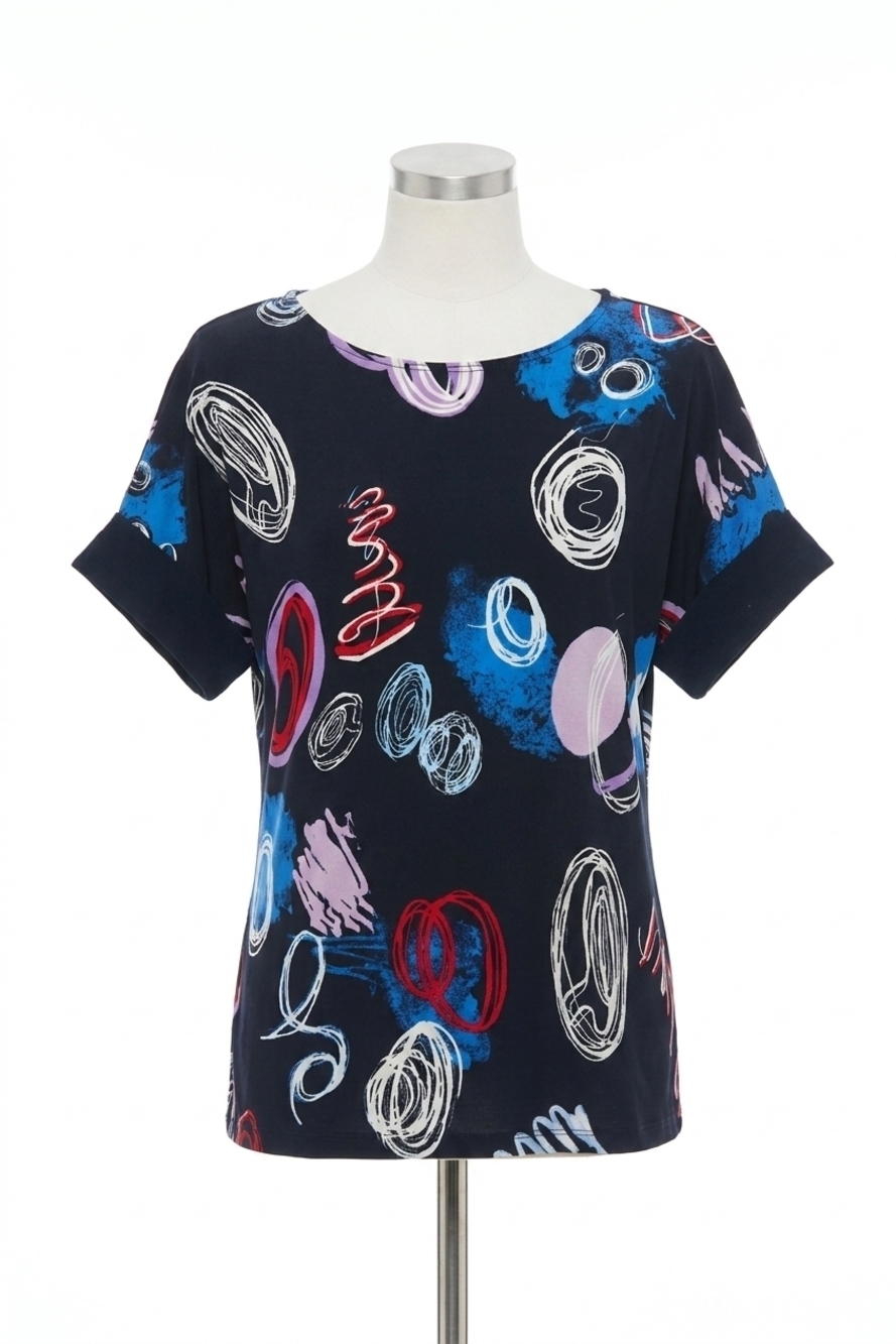 NEW JOSEPH RIBKOFF doodle print boxy top in midnight blue/multi